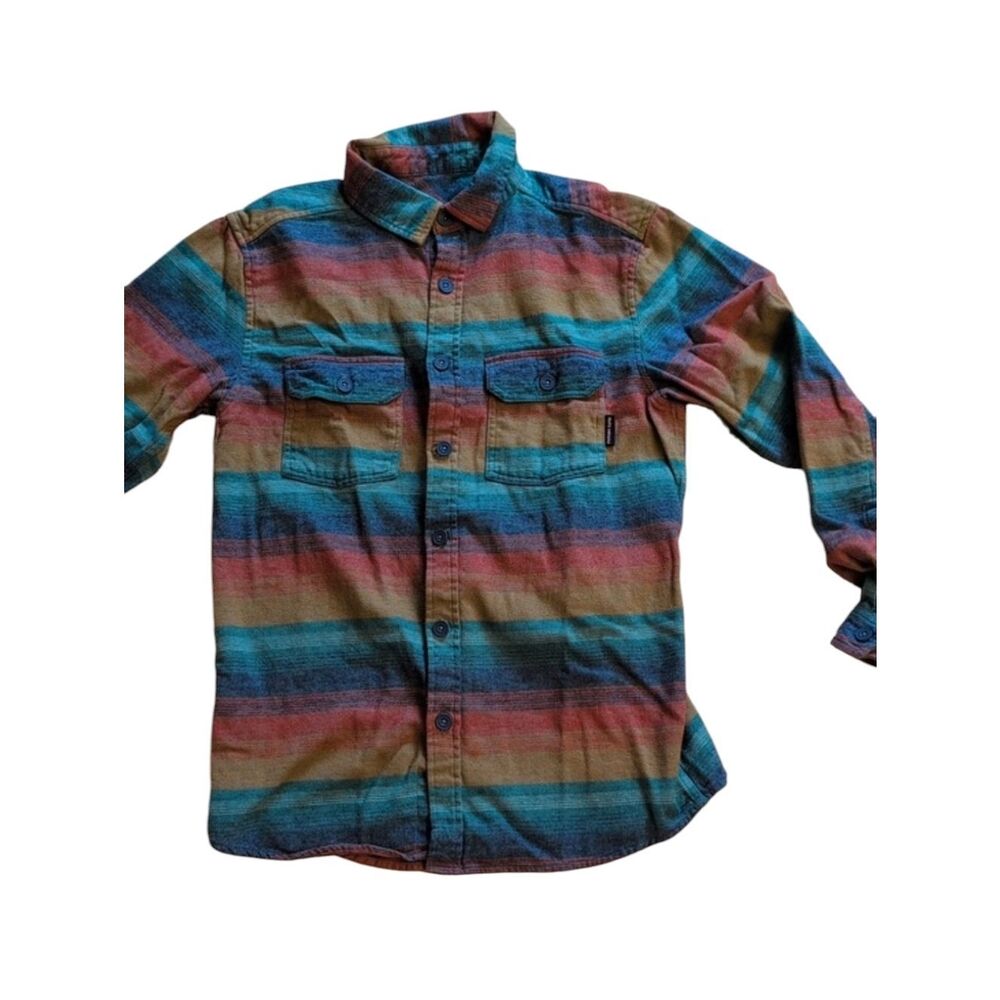 Psycho Tuna Blaze Flannel Buttondown Shirt Multicolor Stripe Blue Orange Cotton